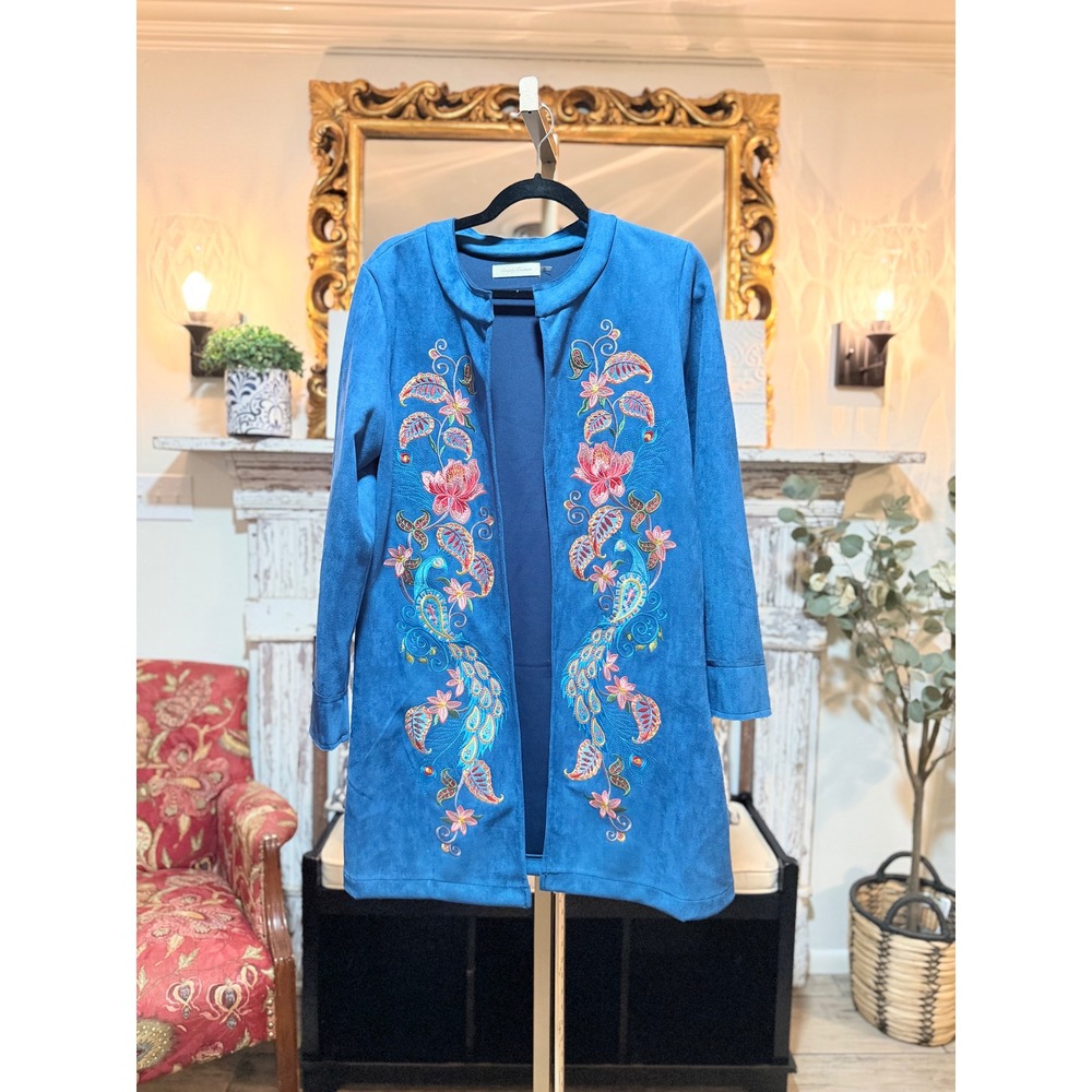 Simply Couture Blue Faux Suede Embroidered Peacock Floral Duster Jacket M